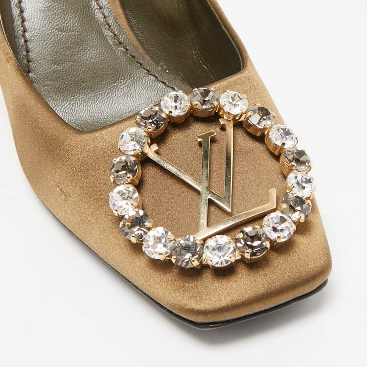 Pre Owned Louis Vuitton Olive Green Satin Crystal Embellished Madeleine Pumps Size 37.5