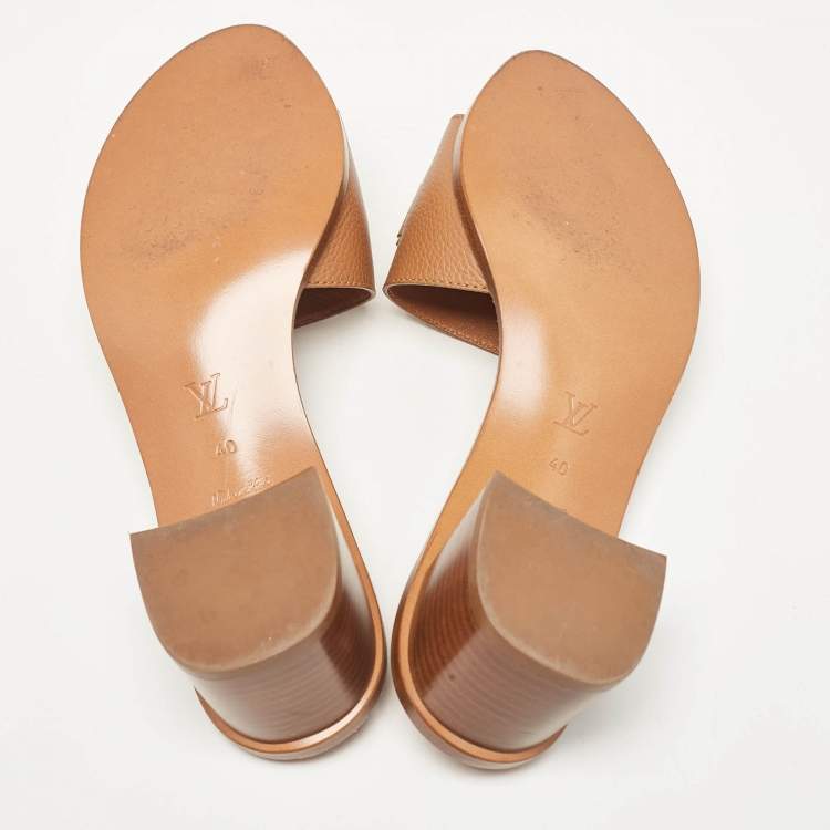 Pre Owned Louis Vuitton Brown Leather Lock It Block Heel Slide Sandals Size 40