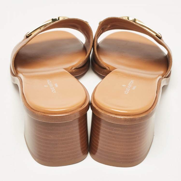 Pre Owned Louis Vuitton Brown Leather Lock It Block Heel Slide Sandals Size 40