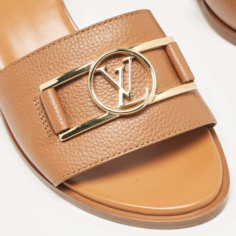 Pre Owned Louis Vuitton Brown Leather Lock It Block Heel Slide Sandals Size 40