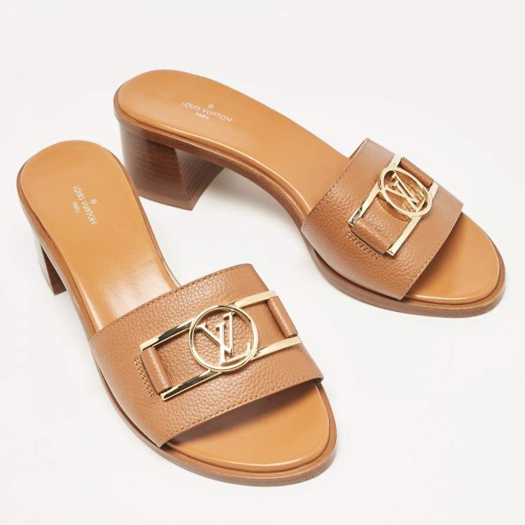 Pre Owned Louis Vuitton Brown Leather Lock It Block Heel Slide Sandals Size 40