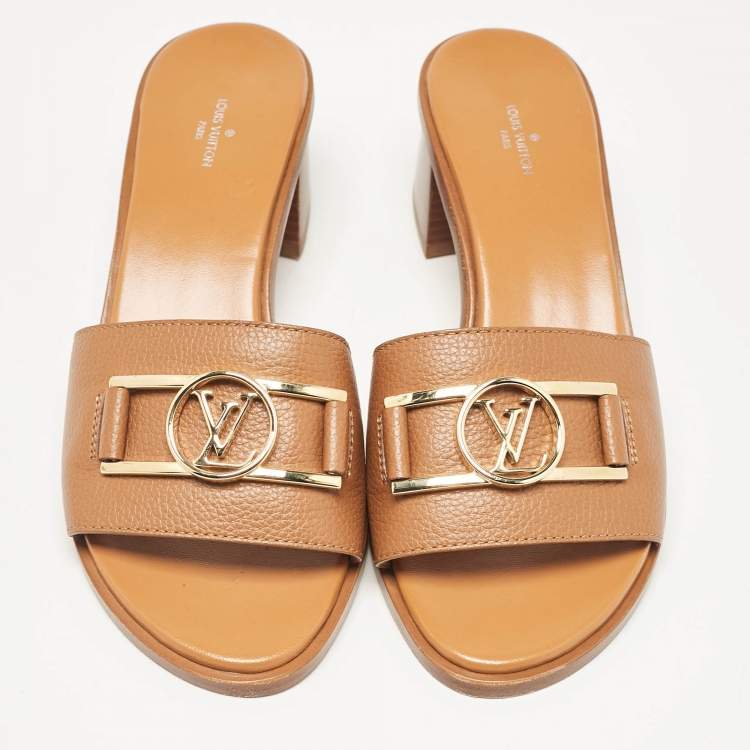 Pre Owned Louis Vuitton Brown Leather Lock It Block Heel Slide Sandals Size 40
