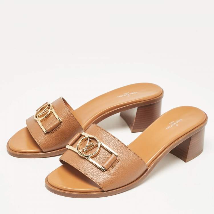 Pre Owned Louis Vuitton Brown Leather Lock It Block Heel Slide Sandals Size 40