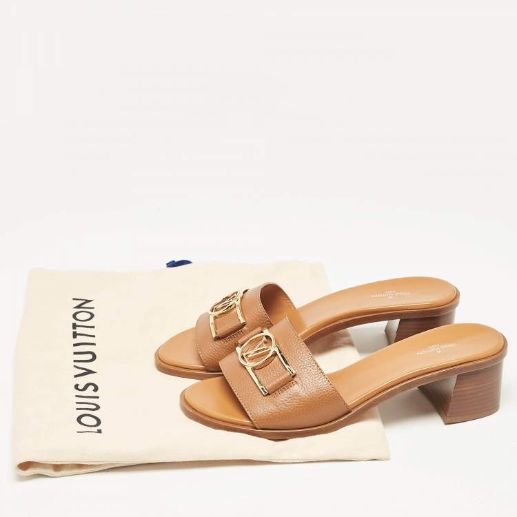 Pre Owned Louis Vuitton Brown Leather Lock It Block Heel Slide Sandals Size 40