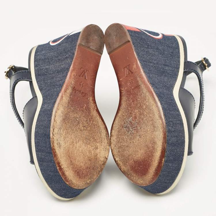 Pre Owned Louis Vuitton Navy Blue Canvas and Denim Wedge Sandals Size 38
