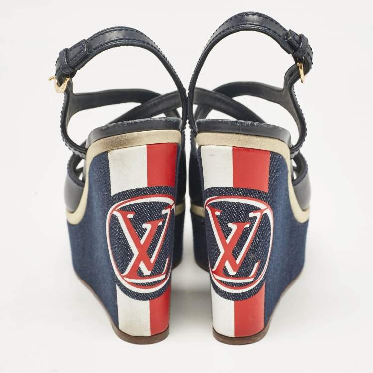 Pre Owned Louis Vuitton Navy Blue Canvas and Denim Wedge Sandals Size 38