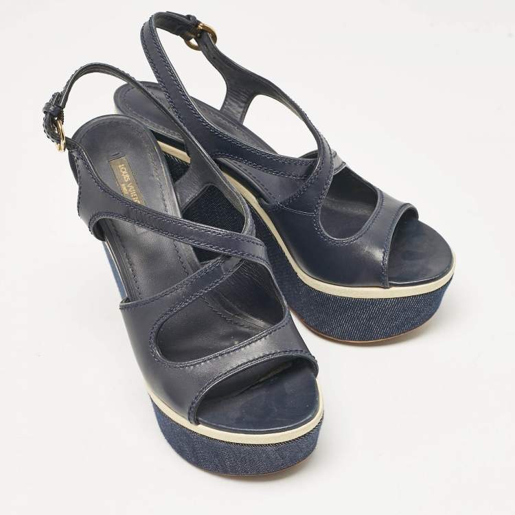 Pre Owned Louis Vuitton Navy Blue Canvas and Denim Wedge Sandals Size 38