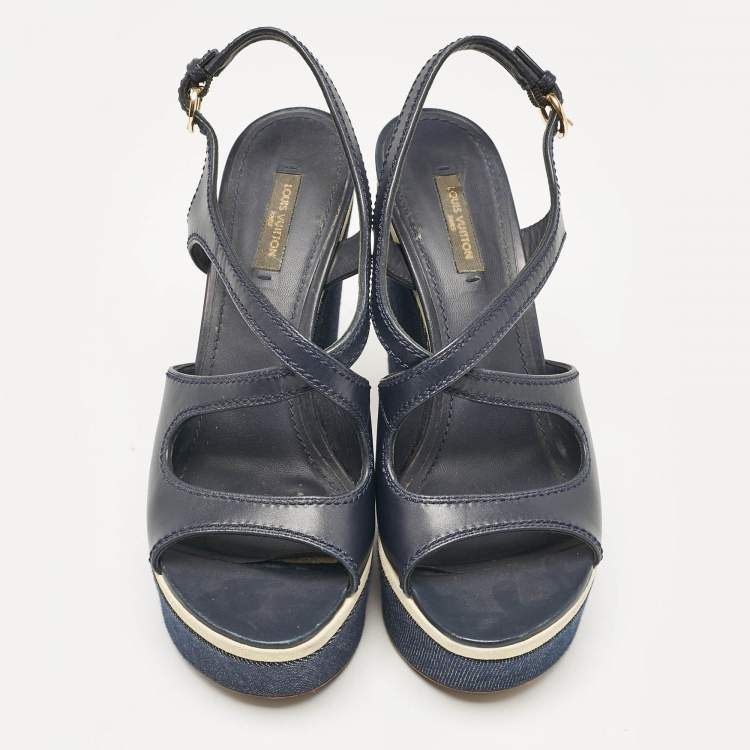 Pre Owned Louis Vuitton Navy Blue Canvas and Denim Wedge Sandals Size 38