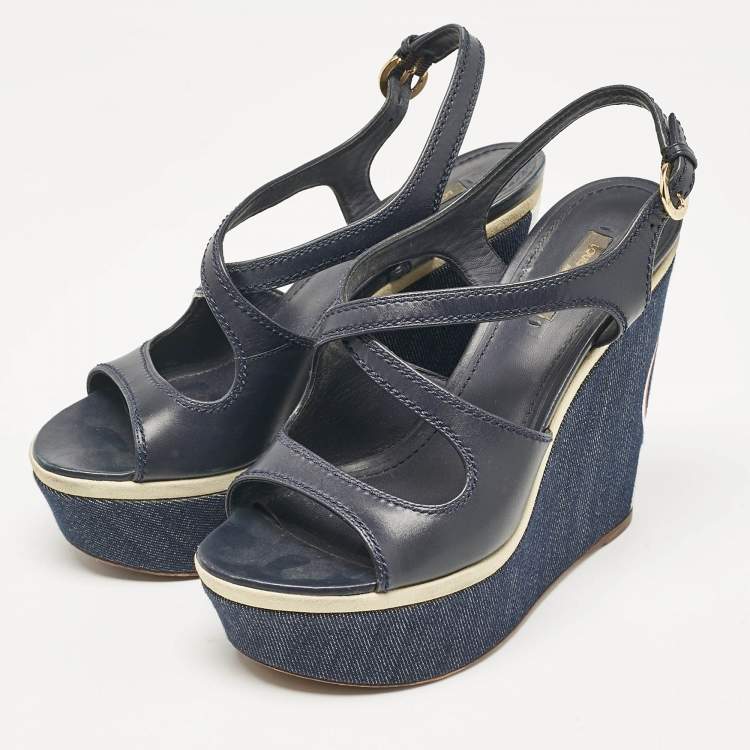Pre Owned Louis Vuitton Navy Blue Canvas and Denim Wedge Sandals Size 38