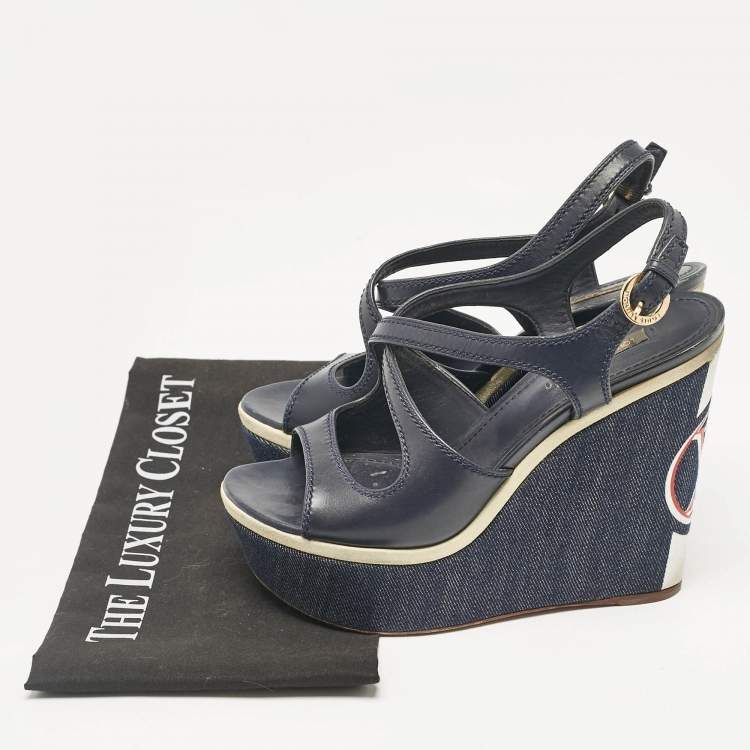 Pre Owned Louis Vuitton Navy Blue Canvas and Denim Wedge Sandals Size 38