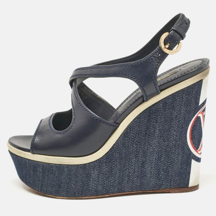 Pre Owned Louis Vuitton Navy Blue Canvas and Denim Wedge Sandals Size 38