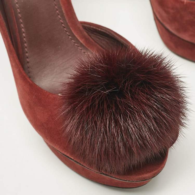 Pre Owned Louis Vuitton Burgundy Suede and Mink Fur D'orsay Platform Pumps Size 37.5