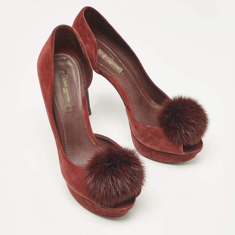 Pre Owned Louis Vuitton Burgundy Suede and Mink Fur D'orsay Platform Pumps Size 37.5