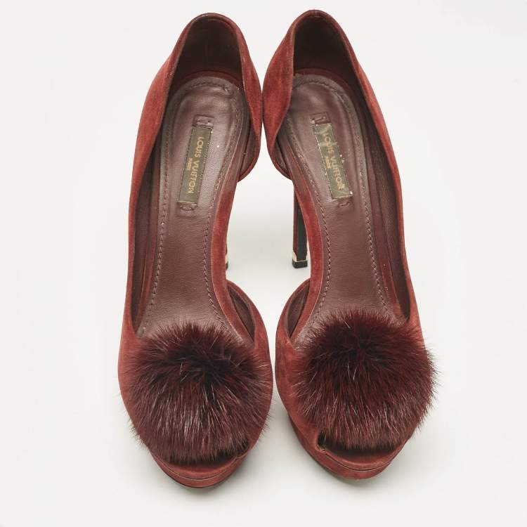 Pre Owned Louis Vuitton Burgundy Suede and Mink Fur D'orsay Platform Pumps Size 37.5
