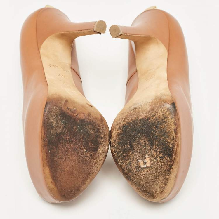 Pre Owned Louis Vuitton Brown Leather Oh Really! Peep Toe Platform Pumps Size 37.5