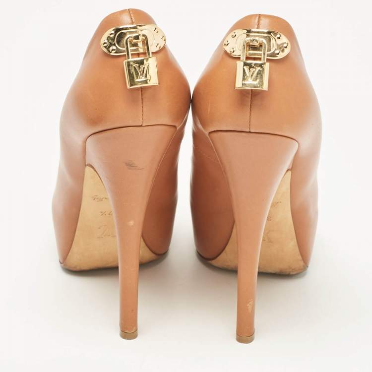 Pre Owned Louis Vuitton Brown Leather Oh Really! Peep Toe Platform Pumps Size 37.5