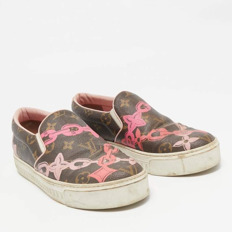 Pre Owned Louis Vuitton Brown Chain Print Monogram Canvas Harbor Sneakers Size 39