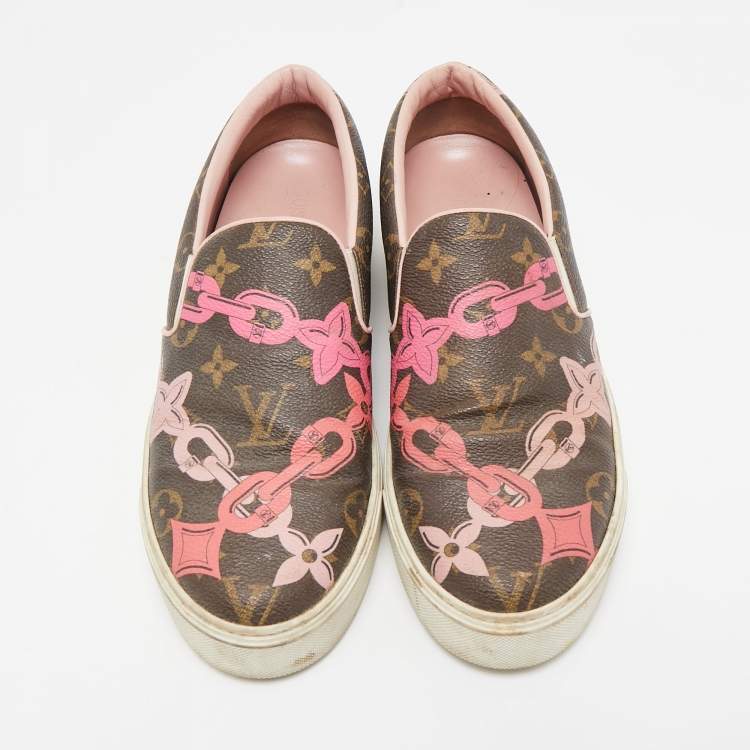 Pre Owned Louis Vuitton Brown Chain Print Monogram Canvas Harbor Sneakers Size 39