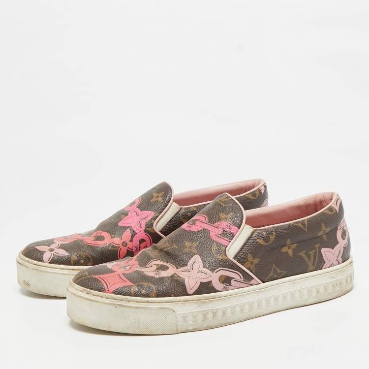 Pre Owned Louis Vuitton Brown Chain Print Monogram Canvas Harbor Sneakers Size 39