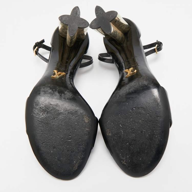 Pre Owned Louis Vuitton Black Patent Leather Flower Heel Ankle Strap Sandals Size 39