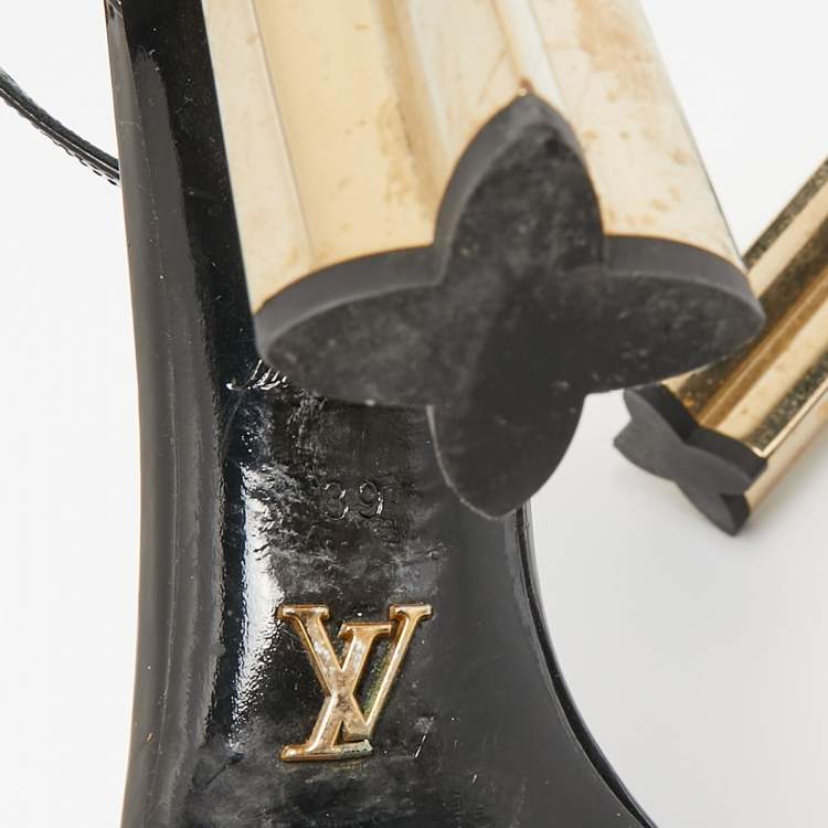 Pre Owned Louis Vuitton Black Patent Leather Flower Heel Ankle Strap Sandals Size 39
