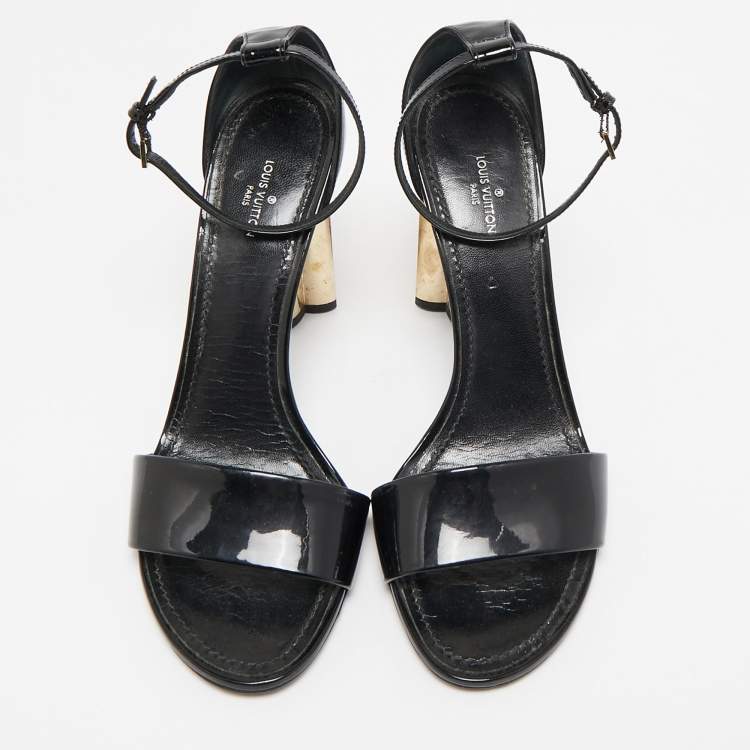 Pre Owned Louis Vuitton Black Patent Leather Flower Heel Ankle Strap Sandals Size 39