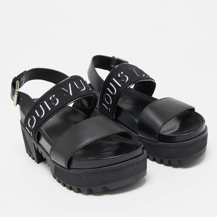 Pre Owned Louis Vuitton Black Leather Platform Laureate Slingback Sandals Size 38