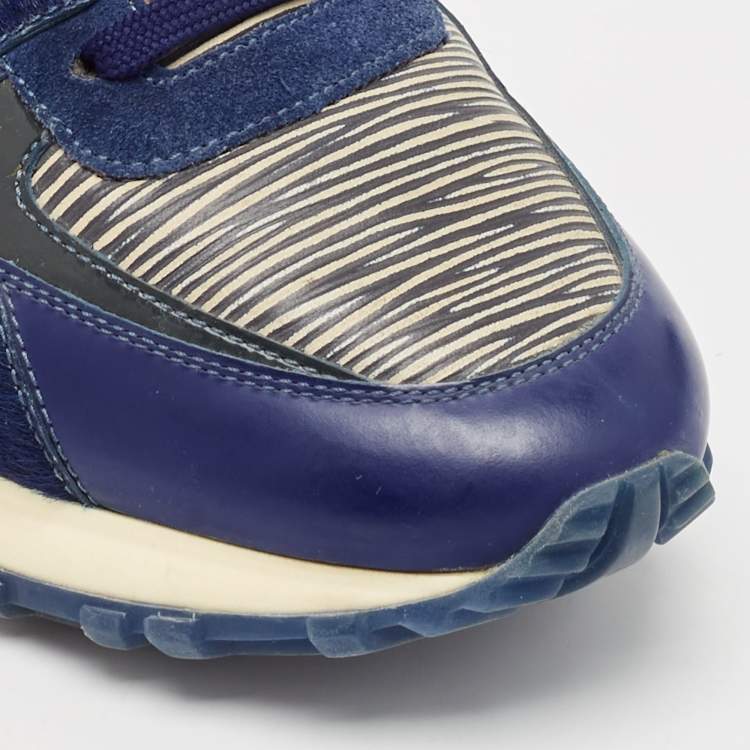 Pre Owned Louis Vuitton Blue/White Leather And Calf Hair Run Away Low Top Sneakers Size 36.5