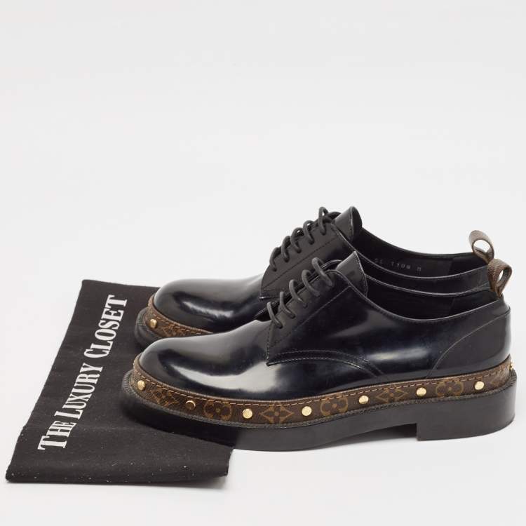 Pre Owned Louis Vuitton Black/Brown Monogram Canvas And Patent Leather Derby Size 39.5