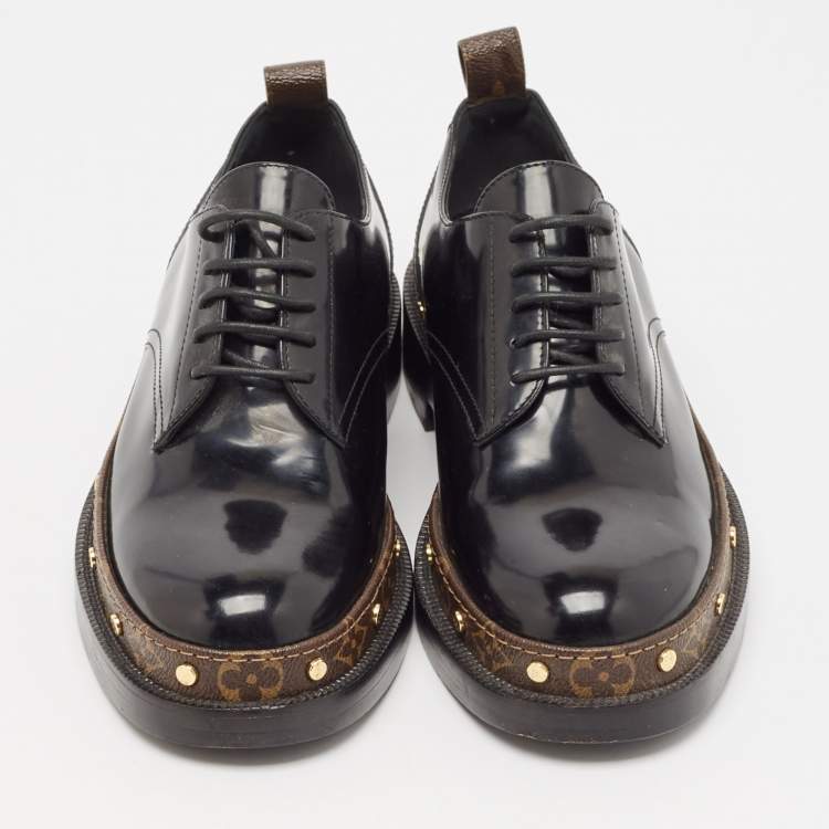 Pre Owned Louis Vuitton Black/Brown Monogram Canvas And Patent Leather Derby Size 39.5