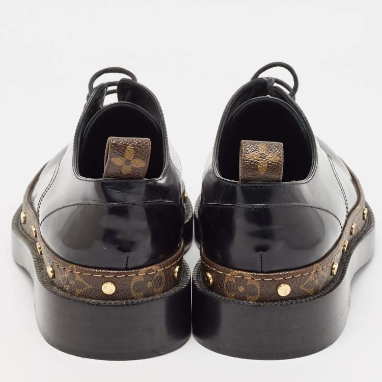 Pre Owned Louis Vuitton Black/Brown Monogram Canvas And Patent Leather Derby Size 39.5