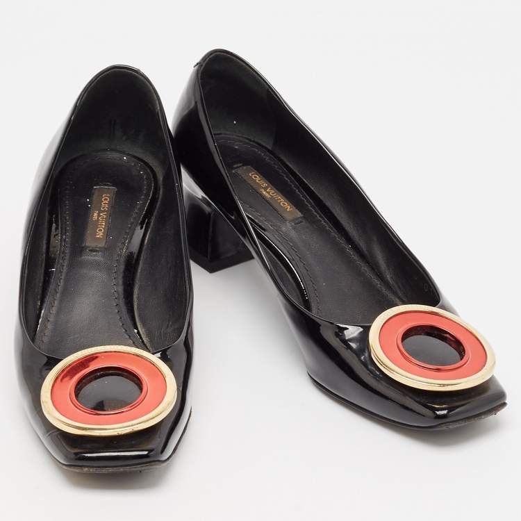 Pre Owned Louis Vuitton Black Patent Leather Block Heel Pumps Size 37