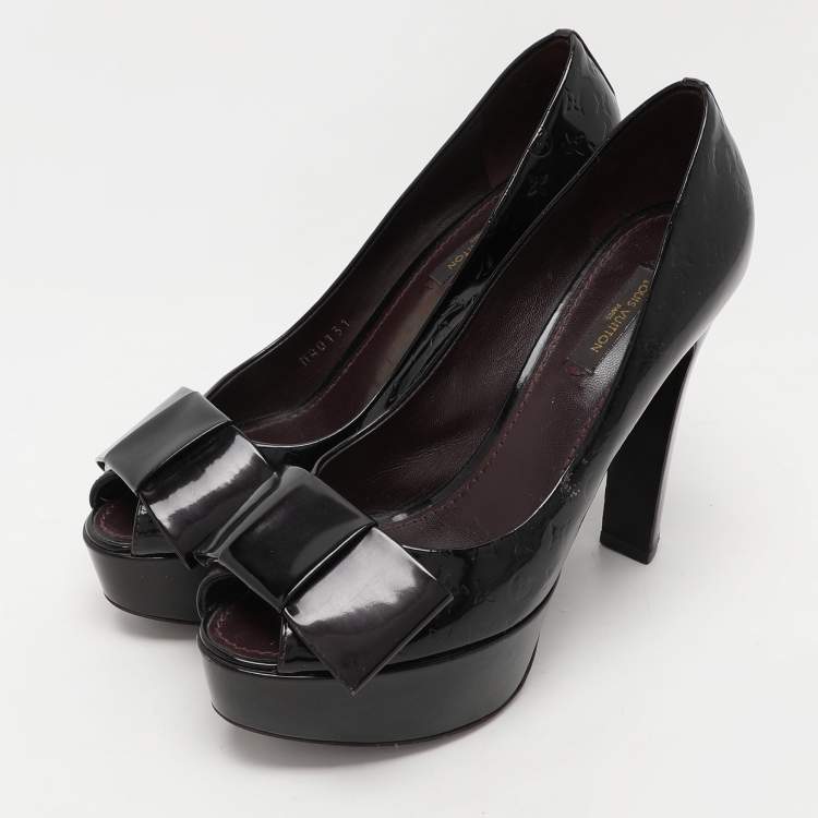 Pre Owned Louis Vuitton Amarante Vernis Monogram Leather Bow Detail Platform Pumps Size 37.5