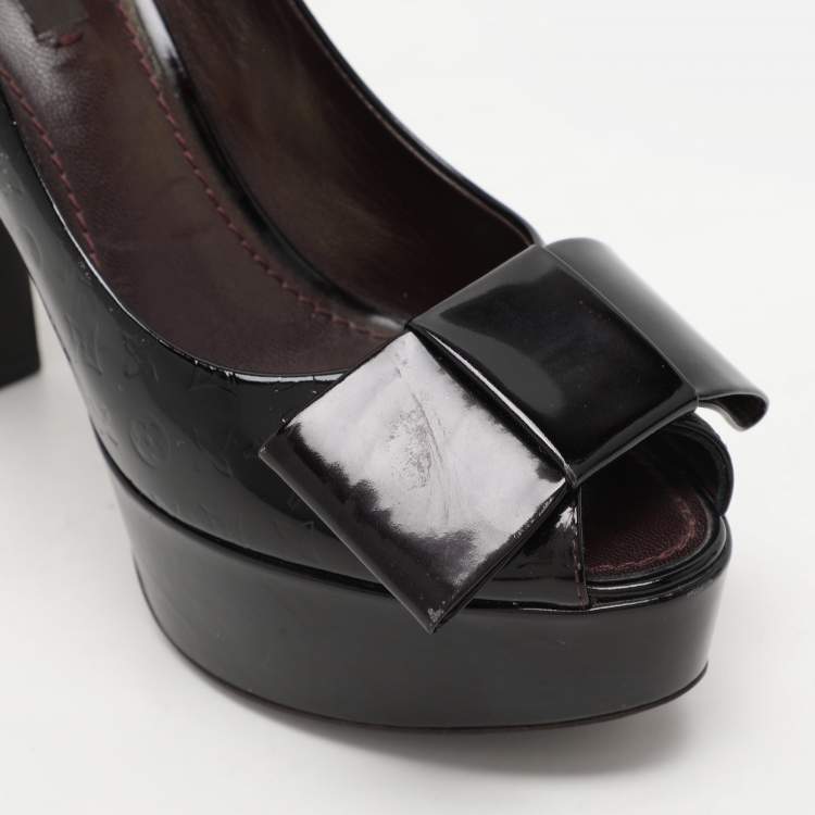 Pre Owned Louis Vuitton Amarante Vernis Monogram Leather Bow Detail Platform Pumps Size 37.5