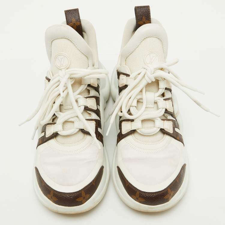 Pre Owned Louis Vuitton White Leather and Monogram Canvas Archlight Sneakers Size 38.5