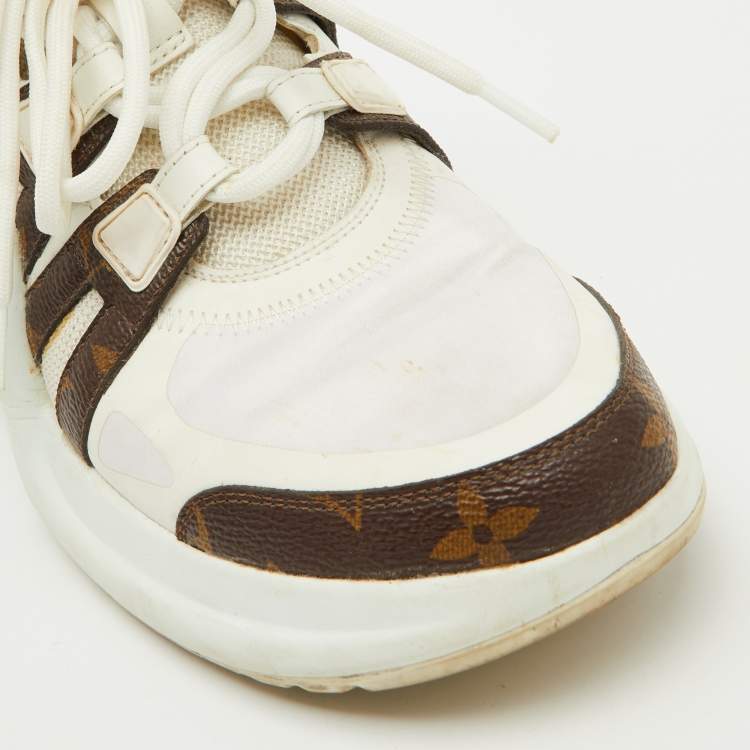 Pre Owned Louis Vuitton White Leather and Monogram Canvas Archlight Sneakers Size 38.5