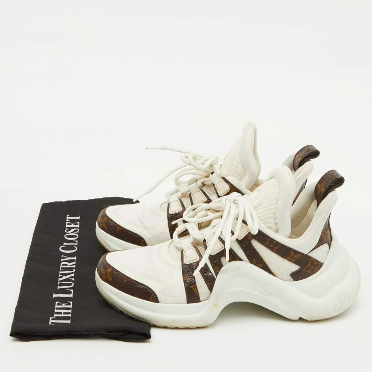Pre Owned Louis Vuitton White Leather and Monogram Canvas Archlight Sneakers Size 38.5