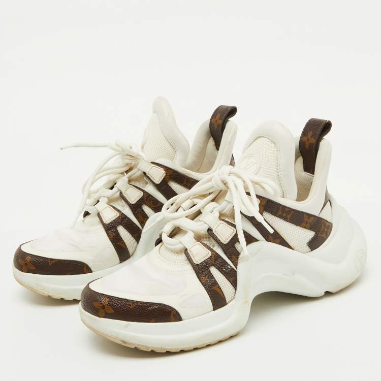 Pre Owned Louis Vuitton White Leather and Monogram Canvas Archlight Sneakers Size 38.5