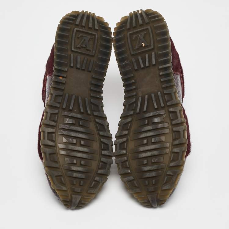 Pre Owned Louis Vuitton Burgundy Calf Hair and Python Leather Run Away Lace Up Sneakers Size 36.5