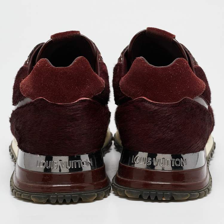 Pre Owned Louis Vuitton Burgundy Calf Hair and Python Leather Run Away Lace Up Sneakers Size 36.5
