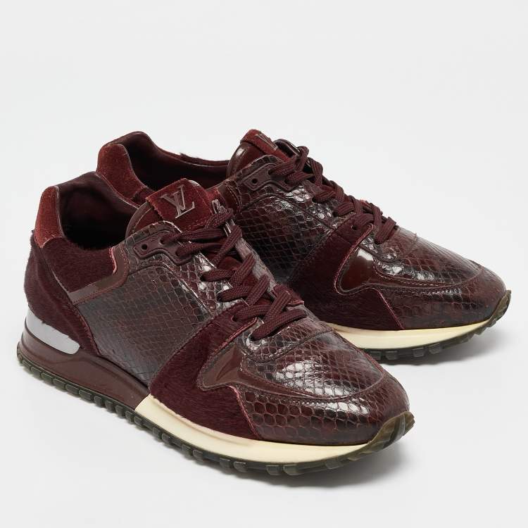 Pre Owned Louis Vuitton Burgundy Calf Hair and Python Leather Run Away Lace Up Sneakers Size 36.5