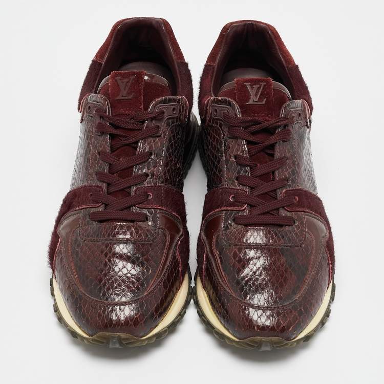 Pre Owned Louis Vuitton Burgundy Calf Hair and Python Leather Run Away Lace Up Sneakers Size 36.5