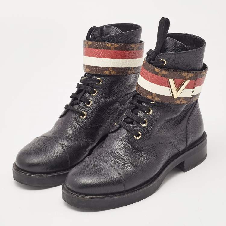 Pre Owned Louis Vuitton Black Leather Wonderland Flat Ranger Combat Boots Size 36