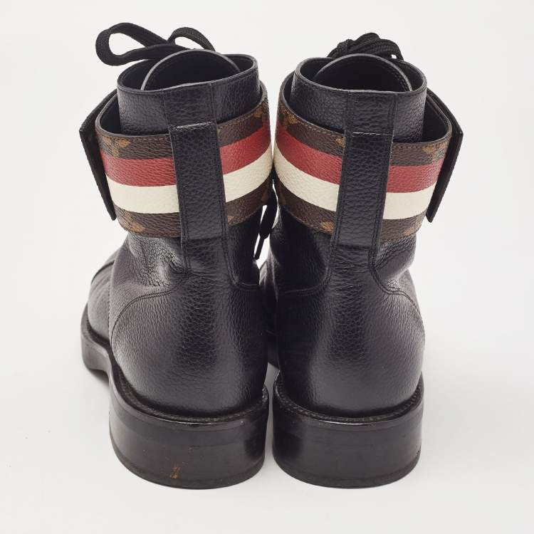 Pre Owned Louis Vuitton Black Leather Wonderland Flat Ranger Combat Boots Size 36