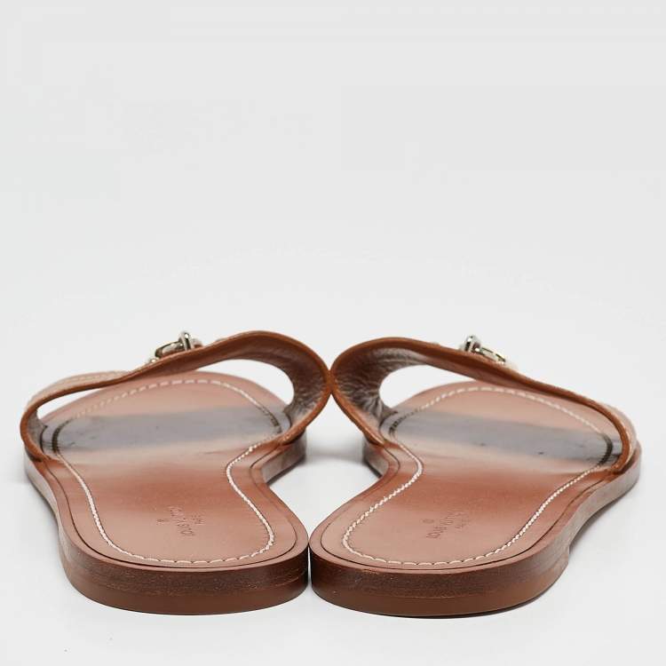 Pre Owned Louis Vuitton Brown Leather Lock It Flat Slides Size 38