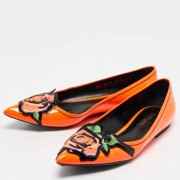 Pre Owned Louis Vuitton Orange Patent Leather Stephen Sprouse Rose Ballet Flats Size 35.5