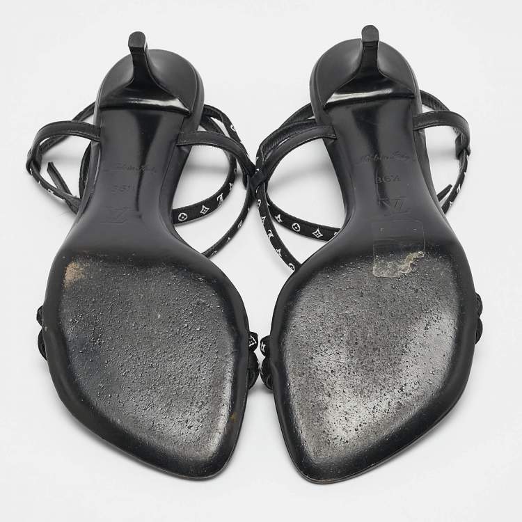 Pre Owned Louis Vuitton Black Canvas and Leather Ankle Strap Sandals Size 36.5