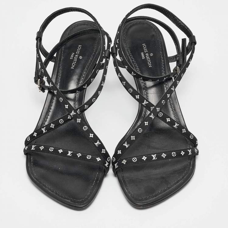 Pre Owned Louis Vuitton Black Canvas and Leather Ankle Strap Sandals Size 36.5