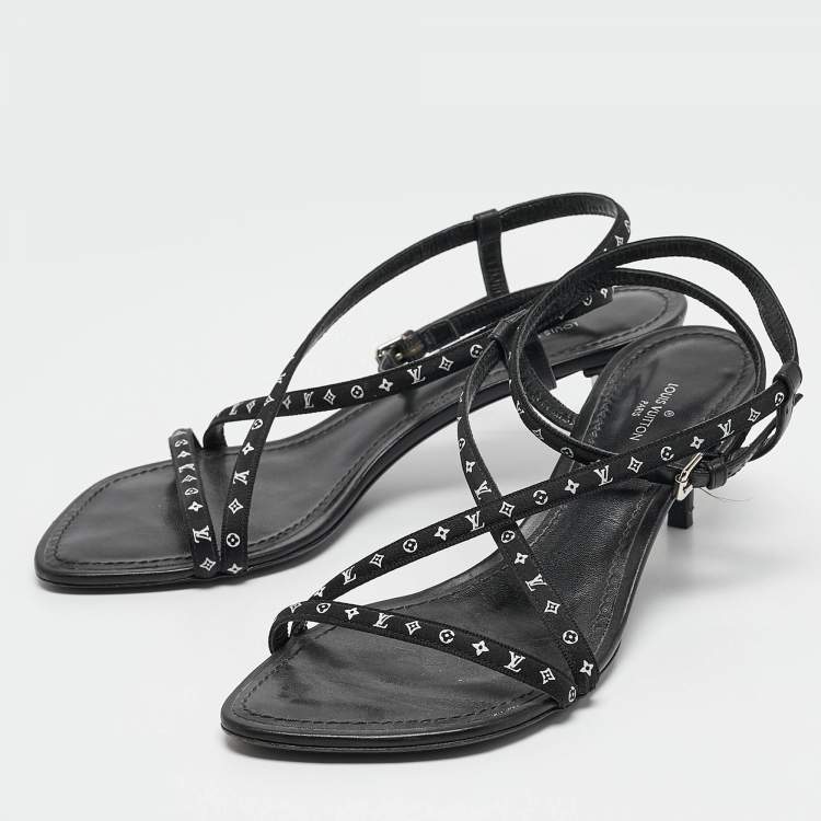 Pre Owned Louis Vuitton Black Canvas and Leather Ankle Strap Sandals Size 36.5