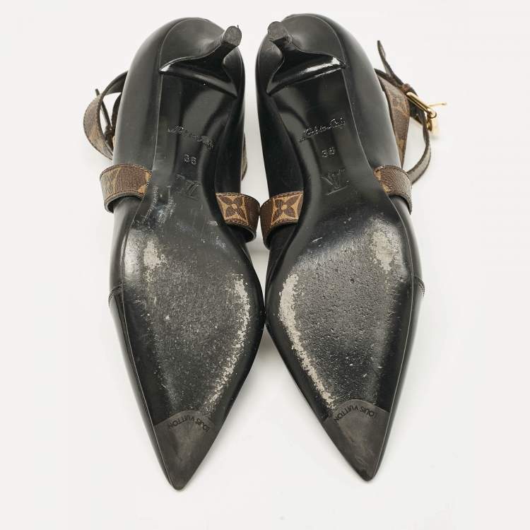 Pre Owned Louis Vuitton Black/Brown Leather and Monogram Canvas Cross Strap Pumps Size 36